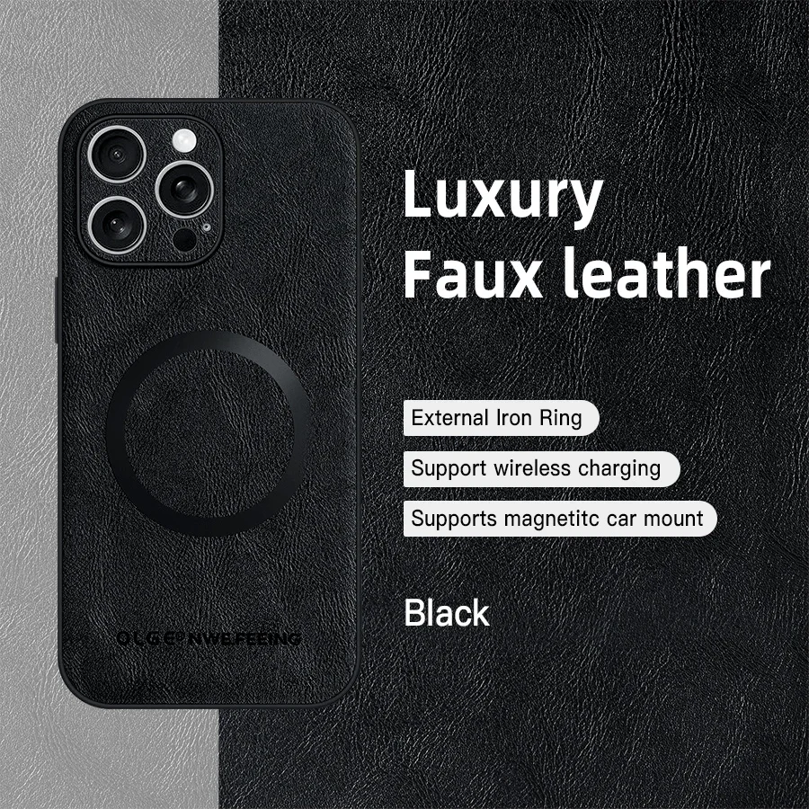Capa Para Iphone 16 Plus Preta Com Carregamento Sem Fio Magsafe, Capa Protetora Magnética Em Couro.