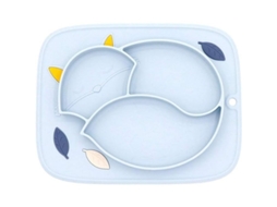 Prato de silicone infantil com divisórias e ventosa antiderrapante em formato de raposa, cor azul, 21,5 x 29 cm.