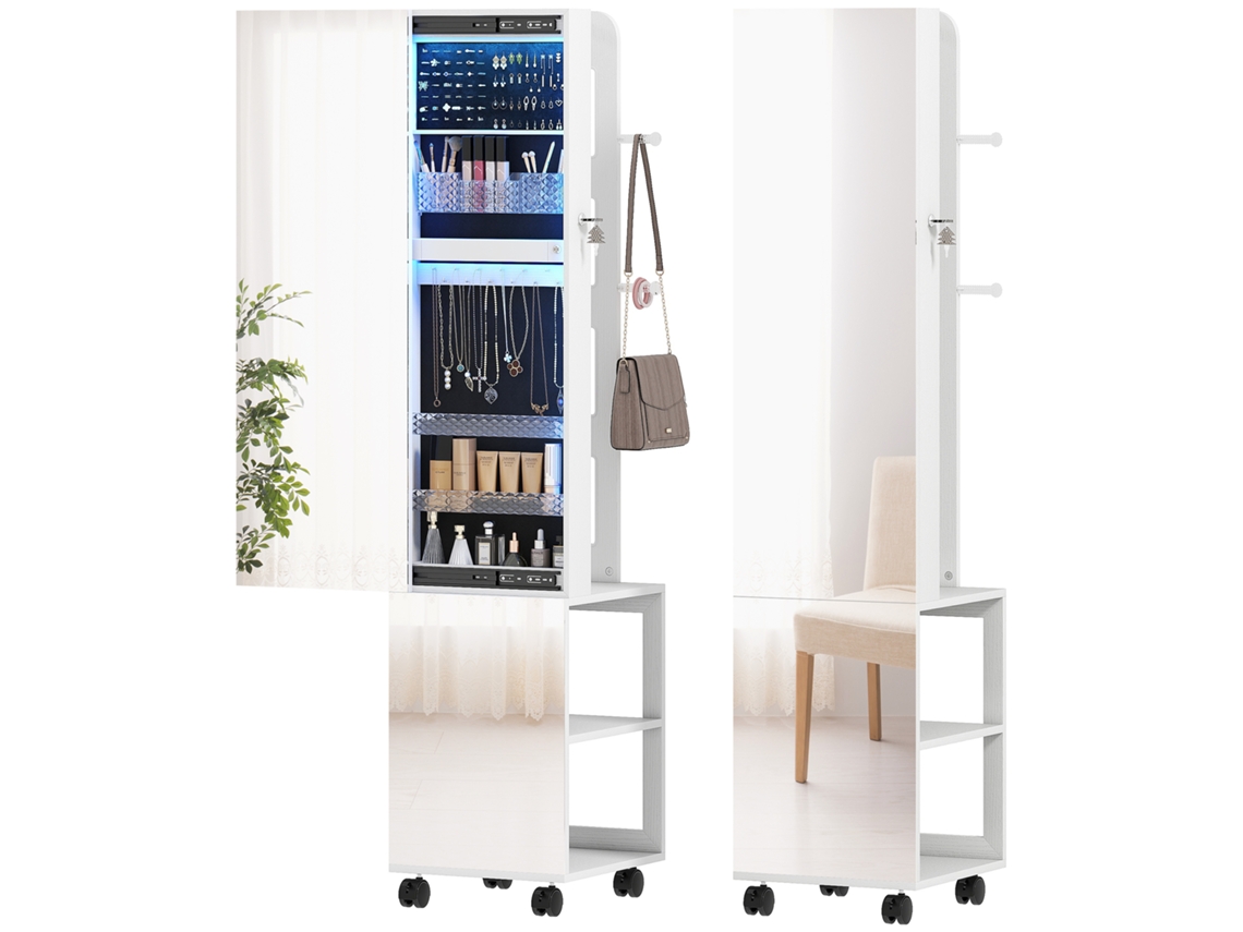 Armário de Joalherias com Espelho de Pé Girativo de 360°, Iluminação Led,, Moldura Branca, Forro 37x40x165,5cm Preto