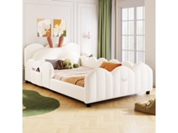 Cama De Plataforma Estofada 90x200 Com Almofadas Em Formato De Coelho, Bege