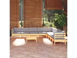 10pcs Conjunto Lounge De Jardim Almofadões Cinza Pinho Maciço Dkd Home Decor