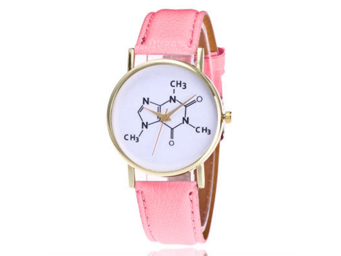 Relógio de Pulso Feminino de Quartzo com Pulseira Pu Padrão Simples Presente Rosa