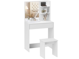 Mesa de maquiagem com 3 prateleiras, gavetas, espelho e banquinho em MDF (75x40x137 cm) branco BTFORUS