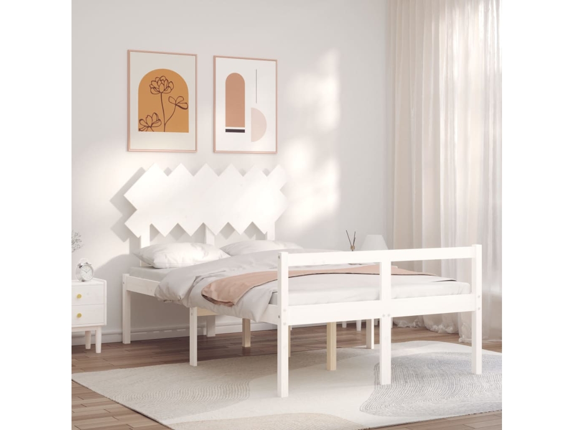 Vidaxl Cama De Casal Para Idosos C/ Cabeceira Madeira Maciça Branco