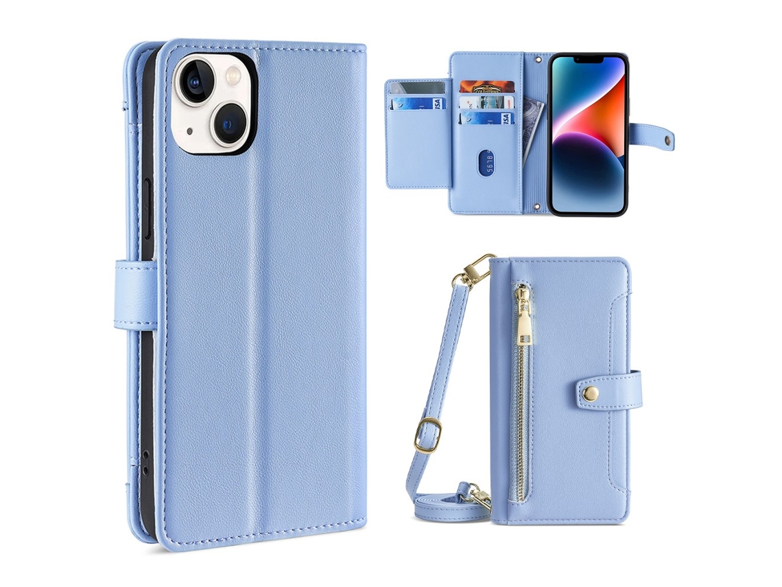 Capa Pega Para Iphone 15 Pele Sintética Com Porta-cartões Azul