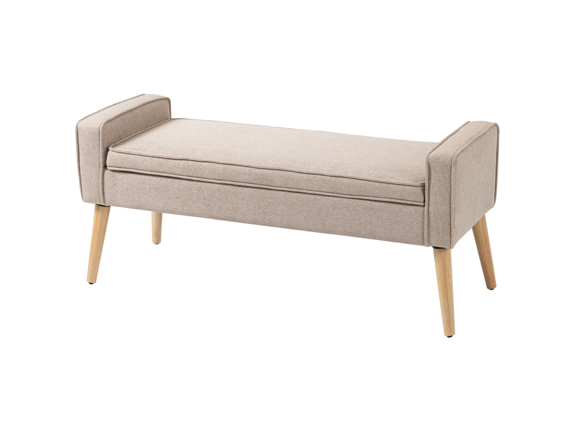 Banco de arrumação estofado em linho, 120x45x54cm, bege, tampa abatível, pés de madeira S/MARCA