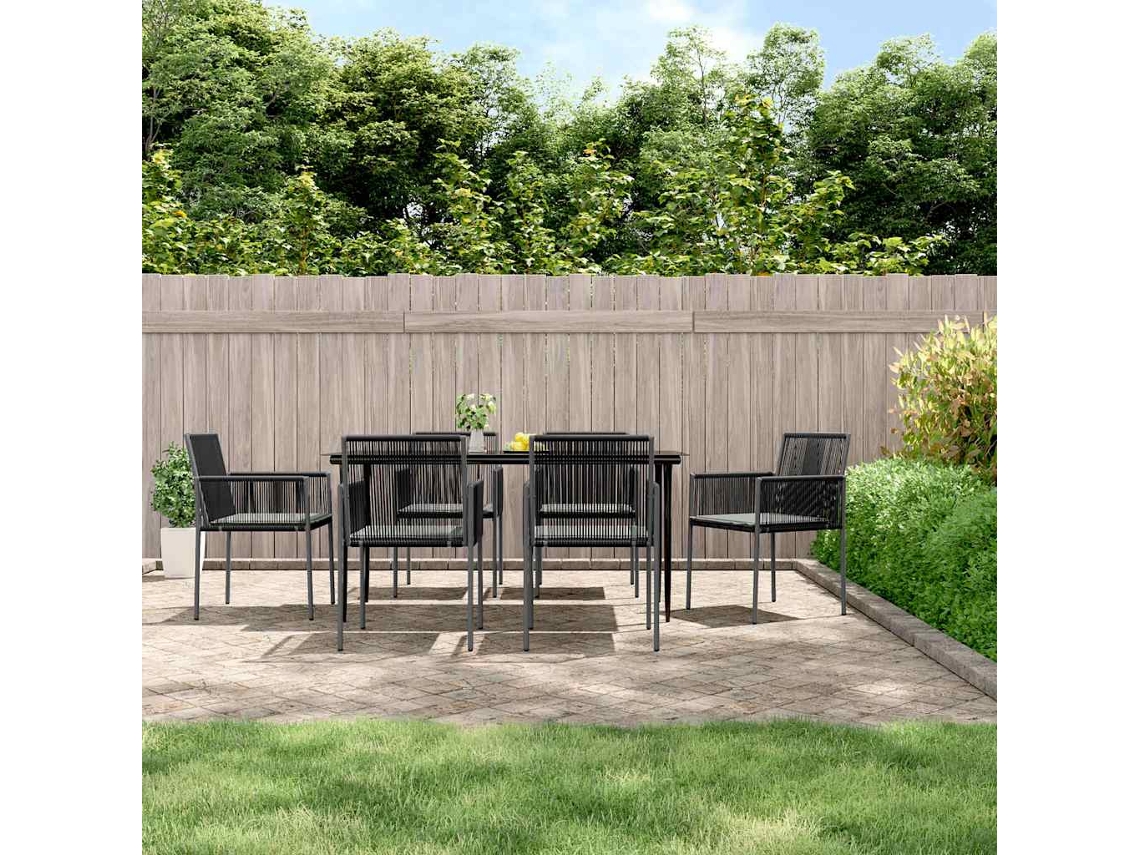 Vidaxl 7 Pcs Conjunto Jantar P/ Jardim C/ Almofadões Vime Pe/aço Preto