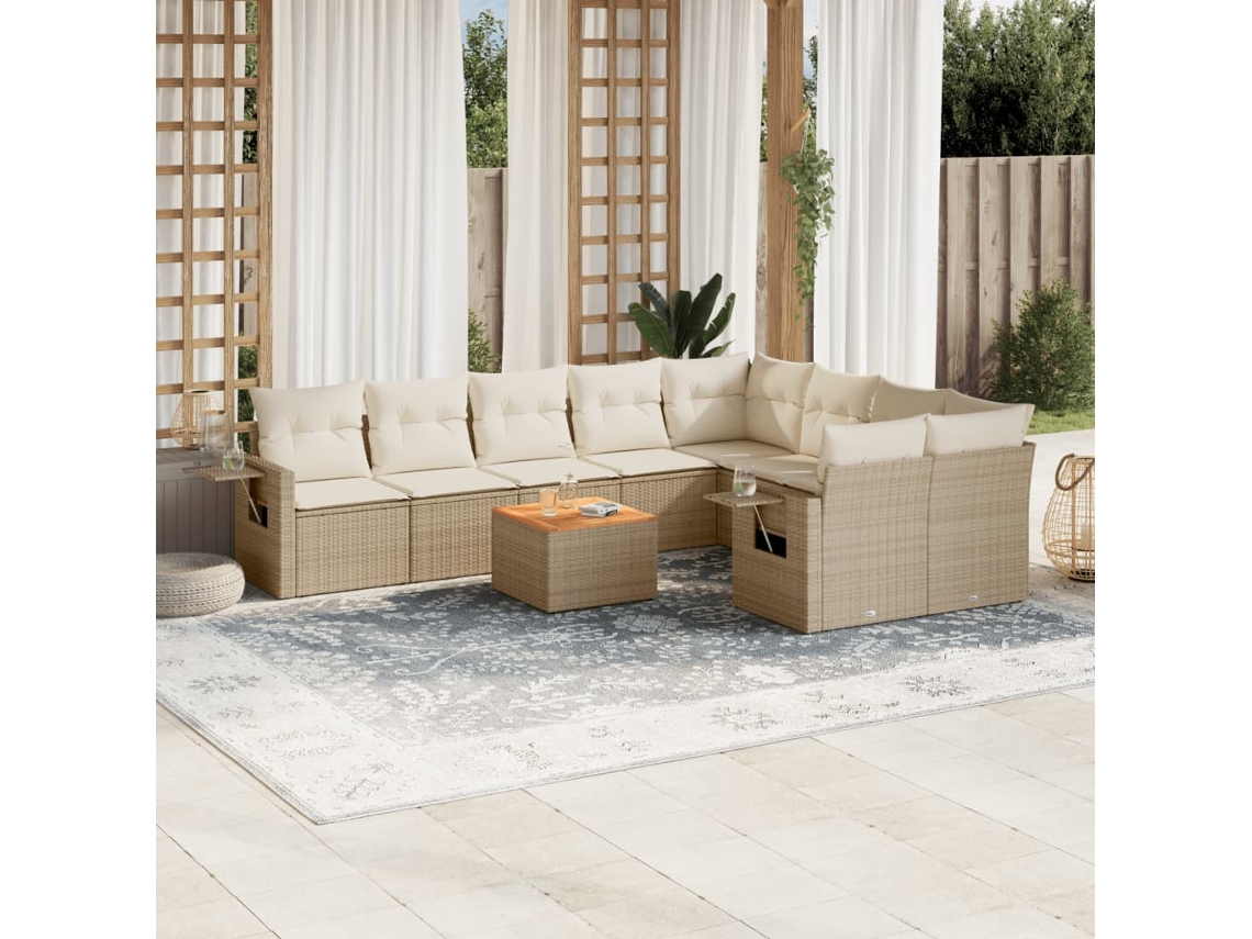 Vidaxl 10 Pcs Conjunto De Sofás P/ Jardim Com Almofadões Vime Pe Bege