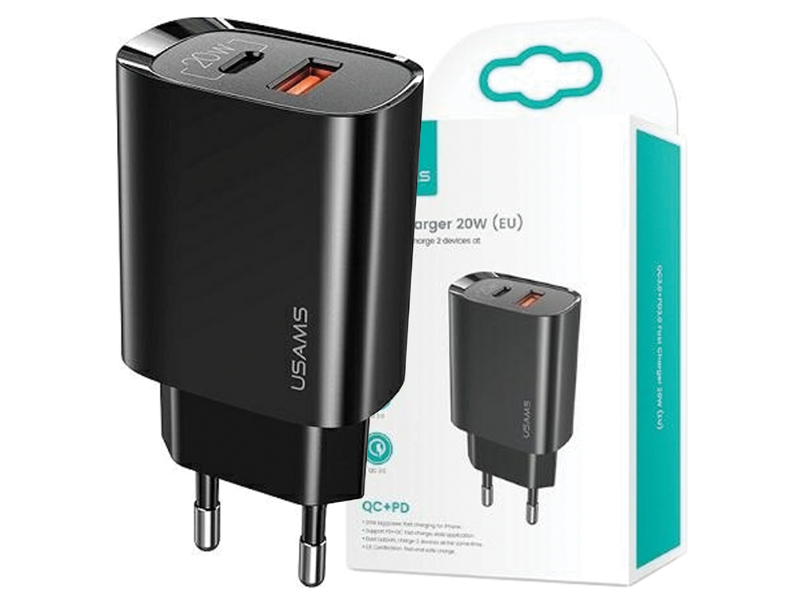 Carregador Usams 20w 1xusb-c 1xusb Pd3.0 Para Celulares Huawei Xiaomi Samsung