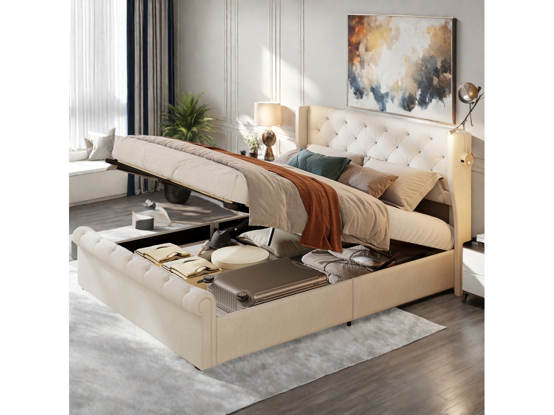 Cama de Veludo Bege 160x200 Cm com Arrumação Hidráulica, Candeeiros, Portas Usb, Carregador Europeu, SIMURQ