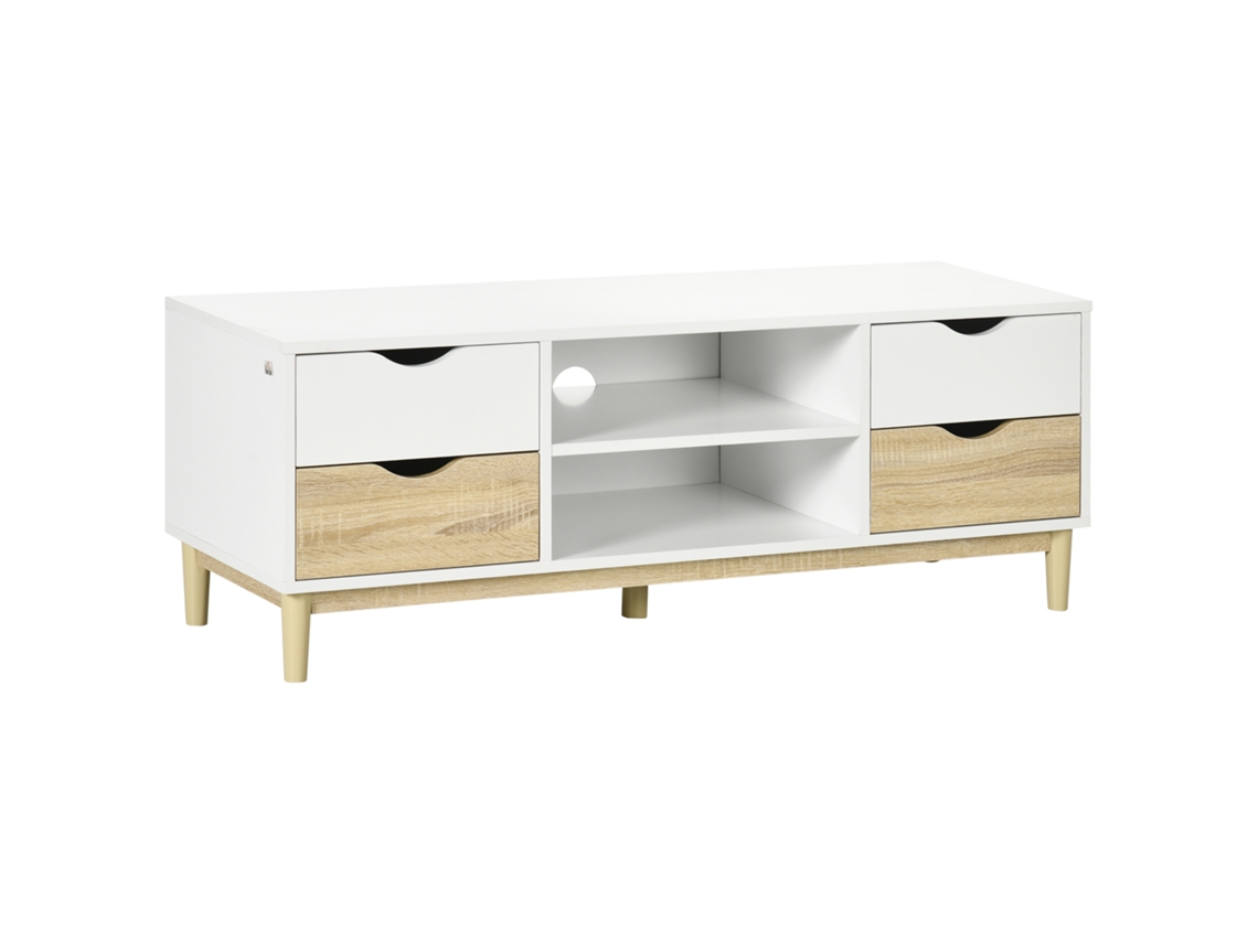 Móvel De Tv Para Televisores Até 55 Polegadas Com 4 Gavetas E Prateleiras 120x40x44,5cm Branco E Carvalho