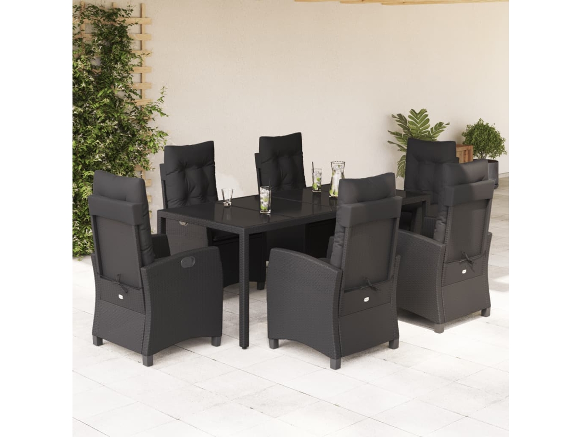 Vidaxl 7 Pcs Conjunto De Jantar P/ Jardim C/ Almofadões Vime Pe Preto