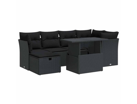 Conjunto 7 de sofás p/ jardim c/ almofadões VIDAXL vime PE preto