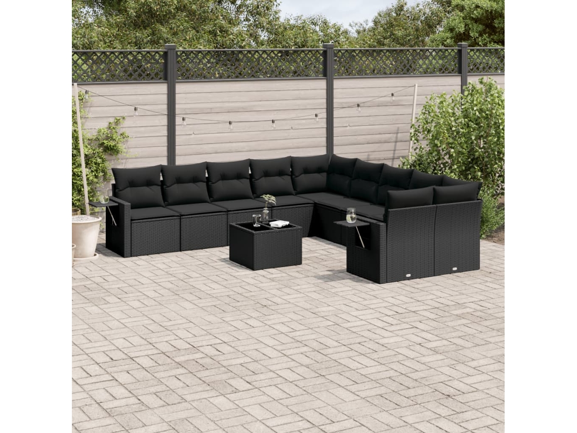 Jogo de Sofá Jardim 11 Peças C/ Almofadões Vime Pe Preto Dkd Home Decor