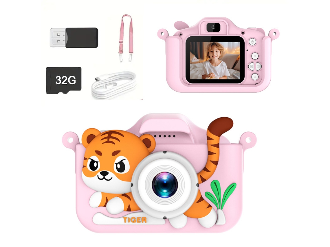 Mini Tiger Kids Camera 1080p Hd Câmeras Duplas Tela Ips De 2,0 Polegadas 32g Rosa Brilvibera
