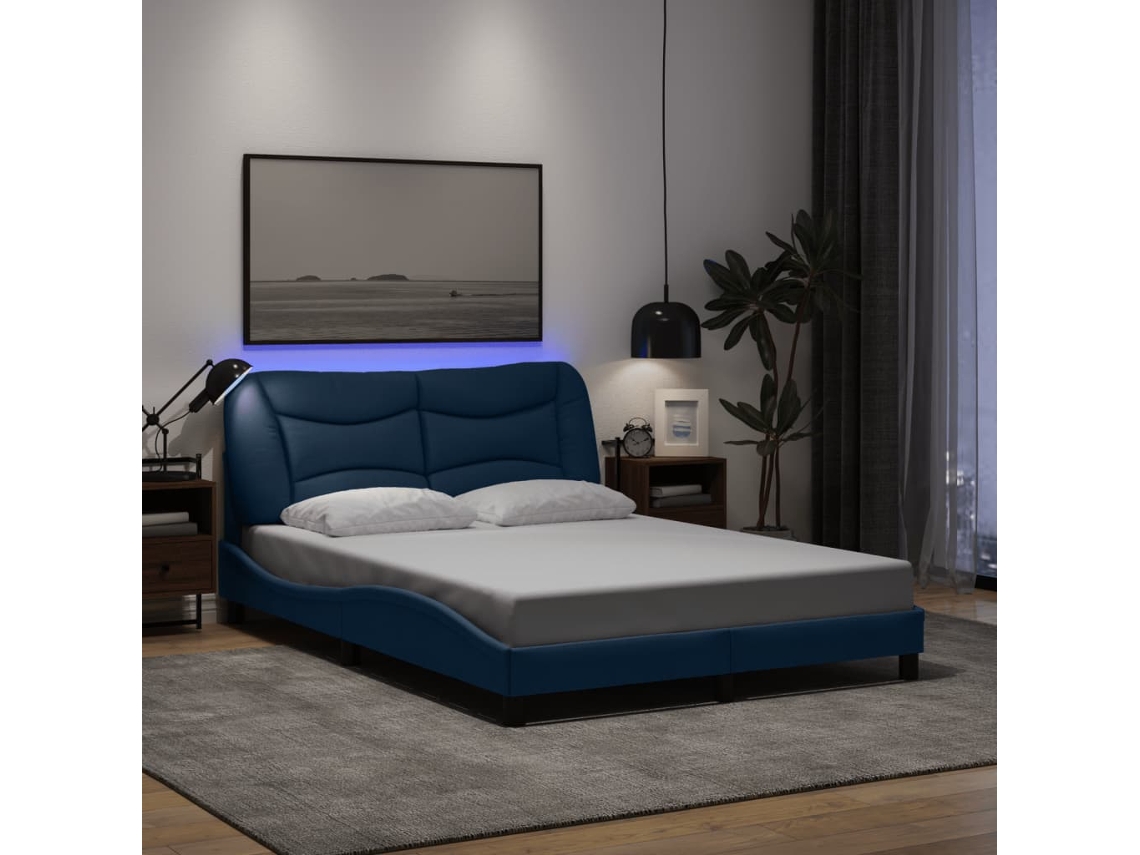 Cama De Casal | Cama De Adulto | Estrutura De Cama Com Led Sem Colchão 120x200 Cm Tecido Azul Wsd188549