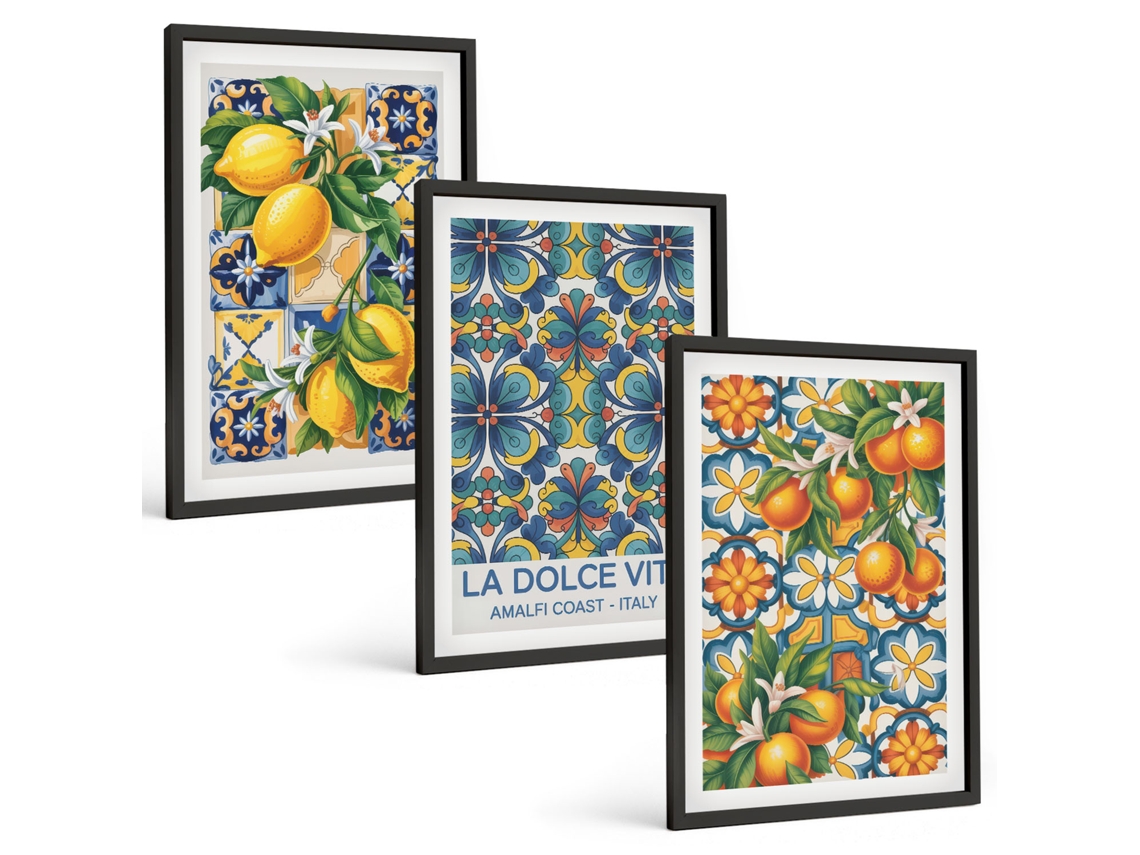 Conjunto De Pinturas Limões, Flores, Laranjas, Padrões Moldura Preta Quadros Para A Sala De Estar Espelharte (3 Piezas De 40x60 Cm)