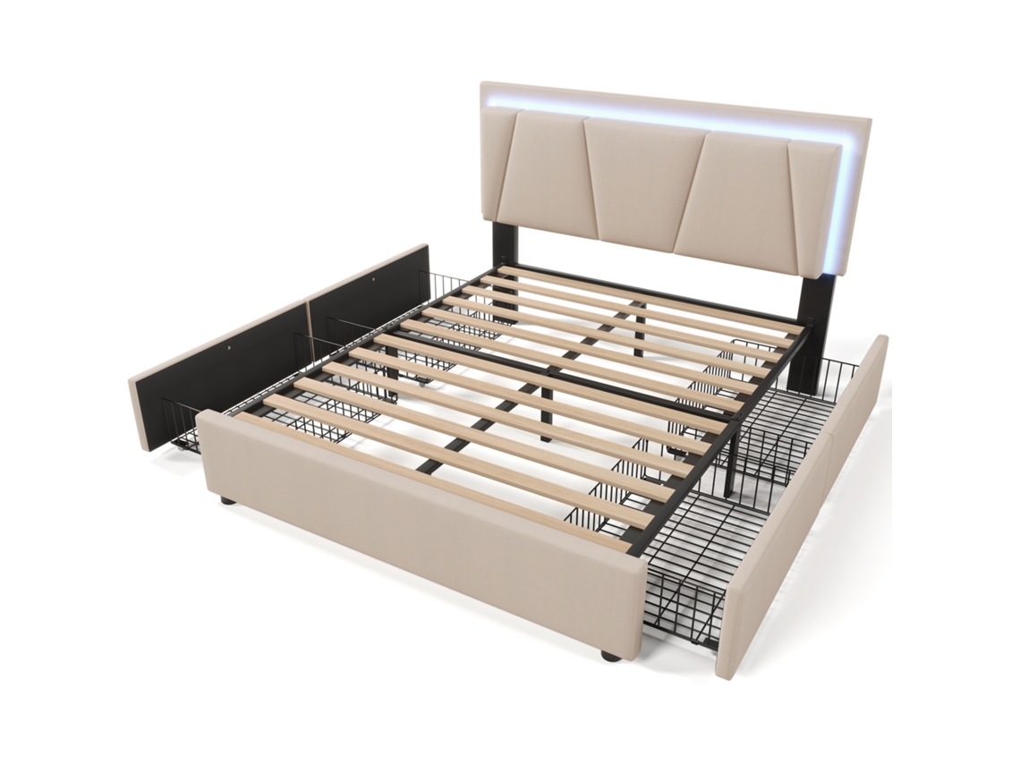 Cama de Casal Estofada 160x200 Cm com Led, cabeceira Ajustável e 4 Gavetas, estrutura com Armazenamento, bege, colchão Não Incluído PAPRIKA