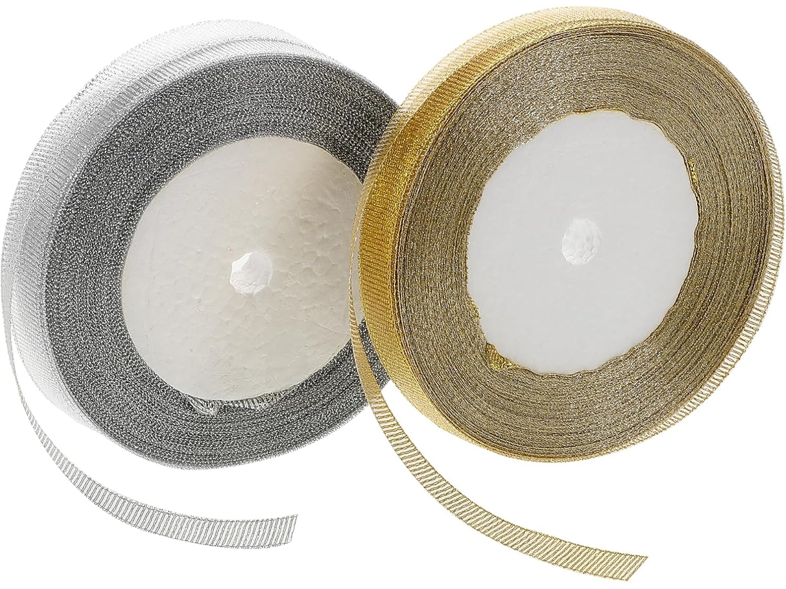 Fitas de organza metálica com glitter, 12 mm, 2 rolos de 22 m para artesanato e decoração de festas, poliéster confortável.