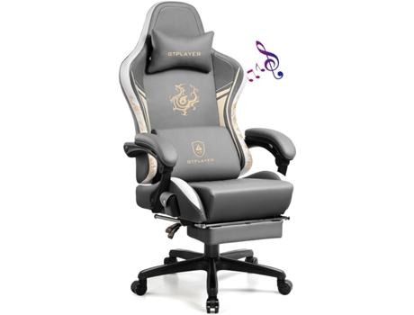 Cadeira GTPLAYER Ergonómica para Jogos com Bluetooth e Apoio de Cabeça Reclinável para os Pés e Almofada Lombar para Trabalho e Lazer Cinzento