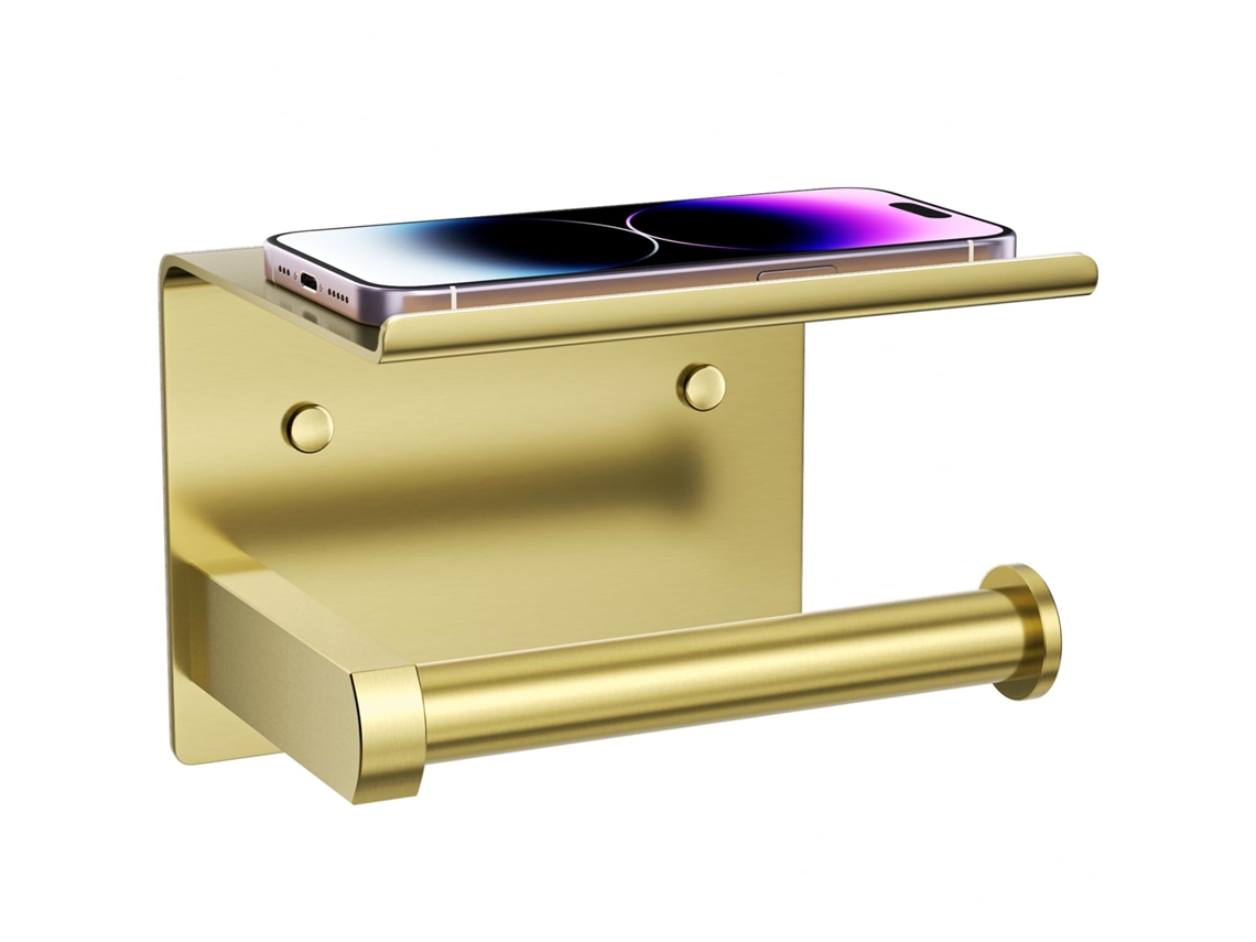 Porta papel Higiênico AQUAFORGE com suporte para celular, dourado escovado