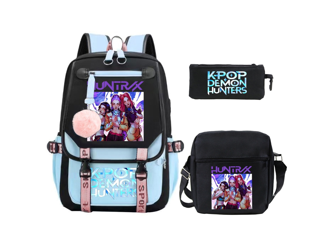 Mochila Escolar De Anime Três Peças, Com Bolsa Transversal E Estojo, Grande Capacidade, Impermeável, Estilo 4 Azul Claro