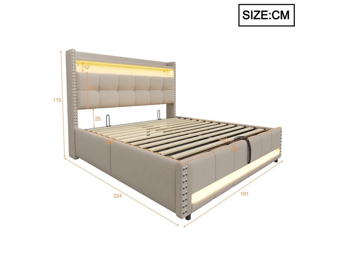 Cama box casal 180x200cm bege, com LED, USB, cabeceira com nicho, sistema hidráulico, reforçada, sem colchão, KOMHTOM