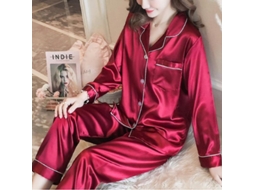 2026 pijama de Seda Satin para Mulher com Manga Longa Conjunto de Pijamas Rwf 2xl Rojo