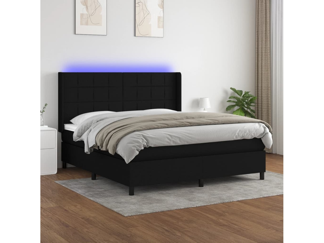 Vidaxl Cama Box Spring C/ Colchão E Led 160x200 Cm Tecido Preto
