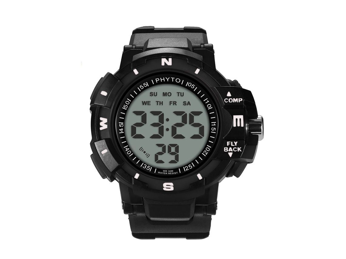 Relógio esportivo eletrônico masculino moderno com visor digital e pulseira preta.