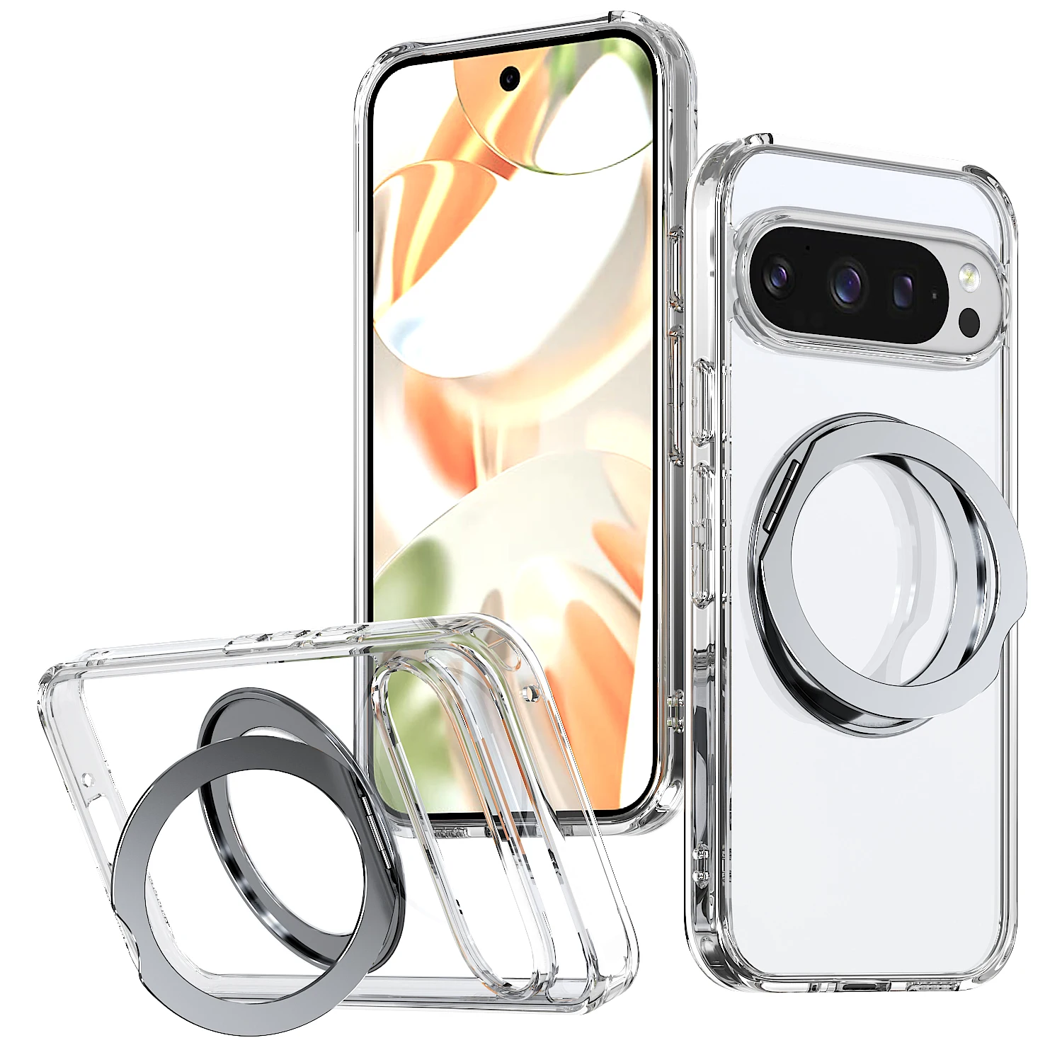 (transparente, Google Pixel 9 Pro) Capa Protetora Reforçada Com Suporte De Anel Metálico Magnético.