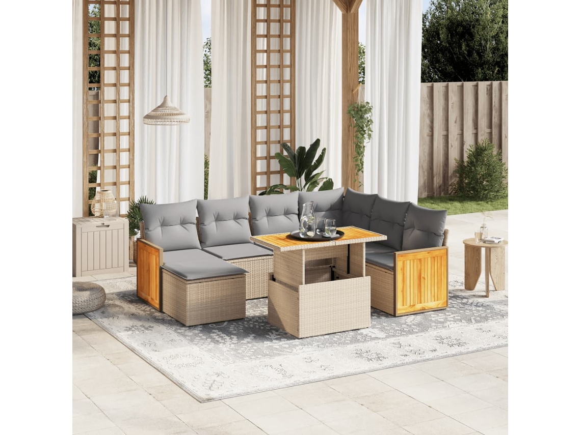 Vidaxl 8 Pcs Conjunto De Sofás P/ Jardim Com Almofadões Vime Pe Bege