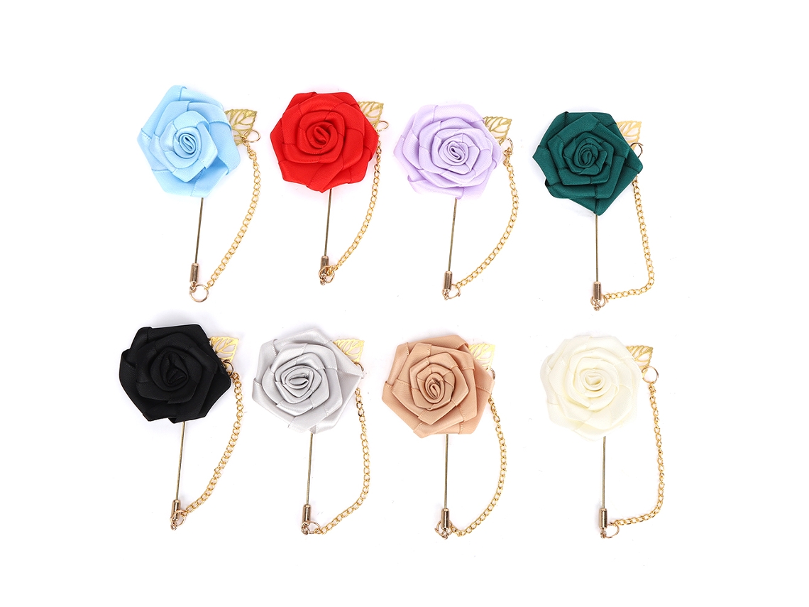 Conjunto de 8 Broches de Fita e Metal com Folha Dourada e Rosa para Noiva