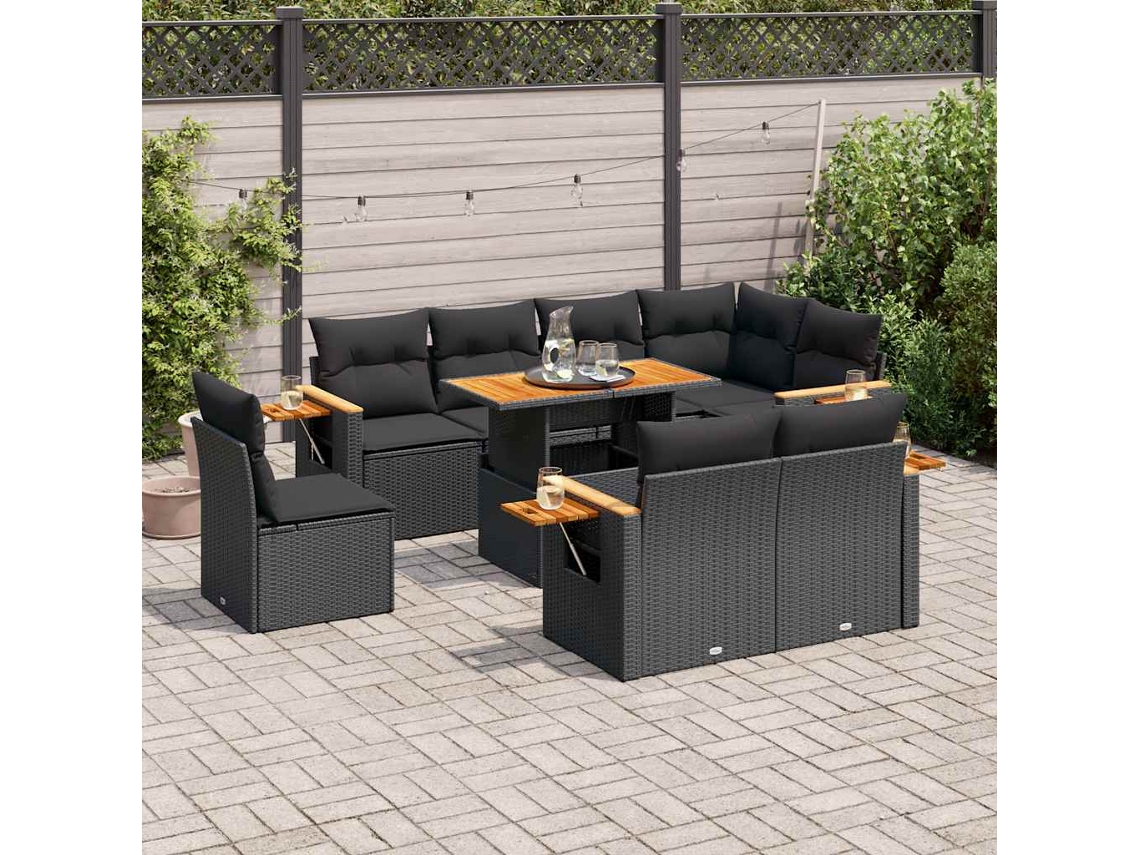 Vidaxl 9 Pcs Conjunto Sofás P/ Jardim Almofadões Vime Pe/acácia Preto