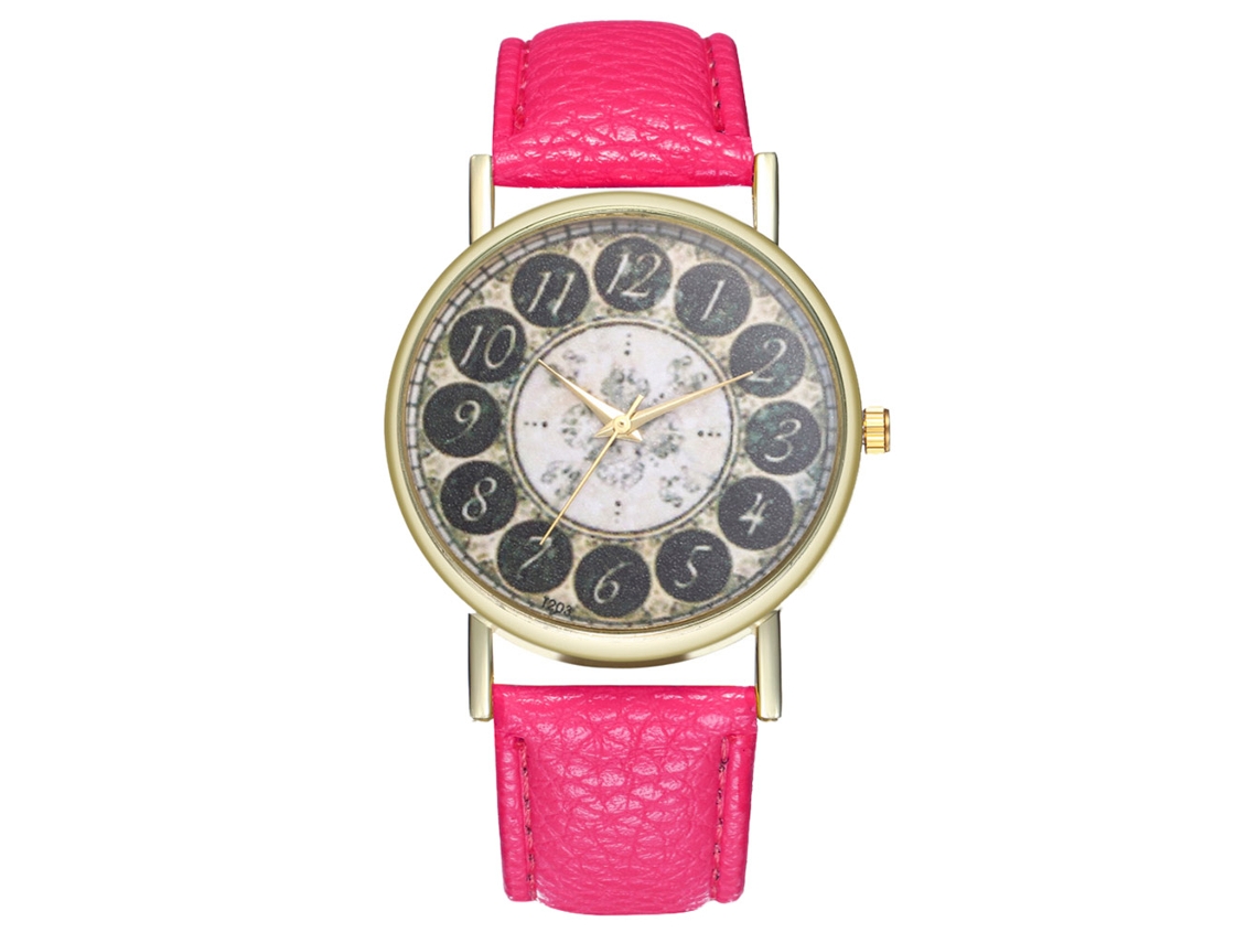 Relógio de pulso analógico de quartzo com pulseira de PU para mulheres e homens (vermelho e rosa)