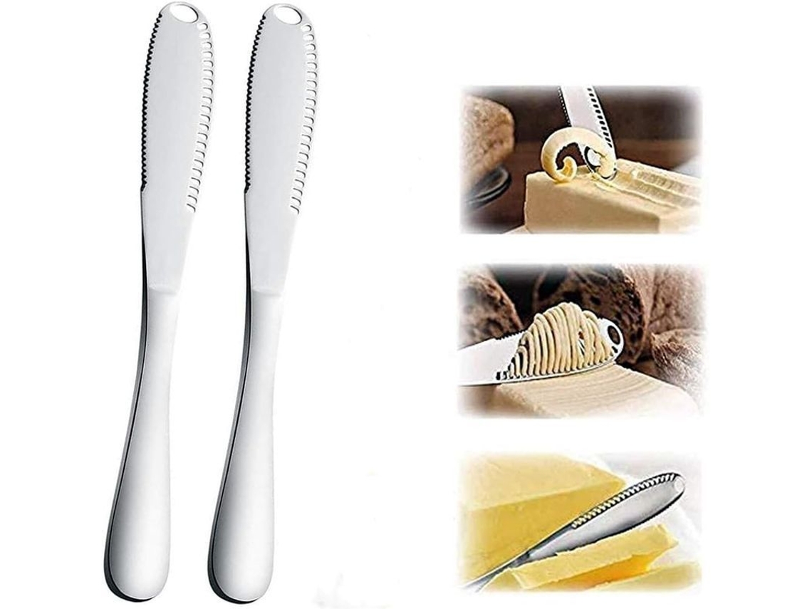 2 Piezas Paleta De Mantequilla 3 En 1 De Acero Inoxidable Con Borde Dentado, Rodillo Y Extensor