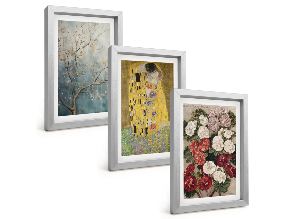 Um Conjunto De Imagens Decorativas Em Uma Molduraflores, Árvores, Pintura, Klimt Moldura Prateada Pinturas De Quarto Espelharte (3 Peças 20x30 Cm)