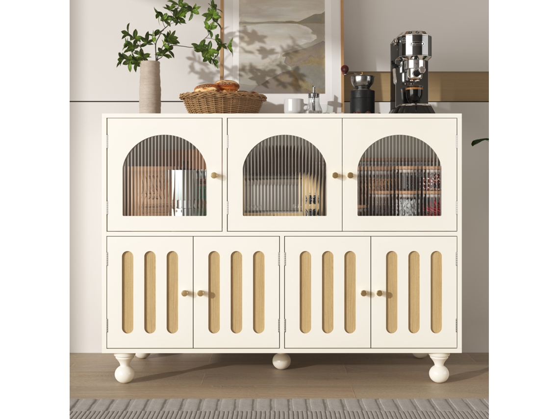 Aparador moderno branco com porta de vidro comprida e pés redondos, ideal para salas de estar e quartos.