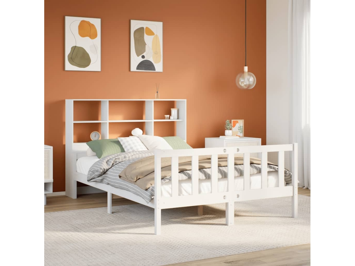 Cama Com Estante Sem Colchão 160x200 Cm Pinho Maciço Branco