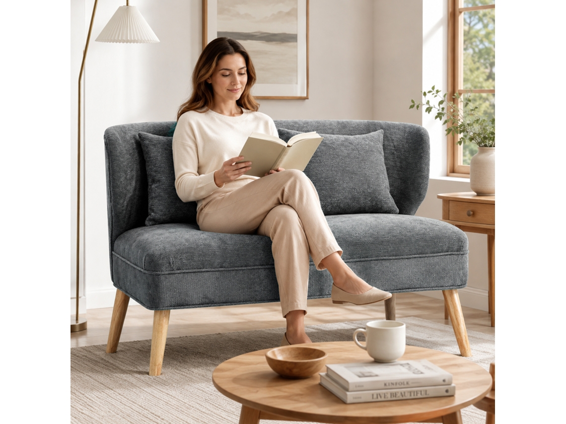 2 Seater Sofa Small Wing Back Chenille Sofa Thick Seat Rubber Wood Feet Gray