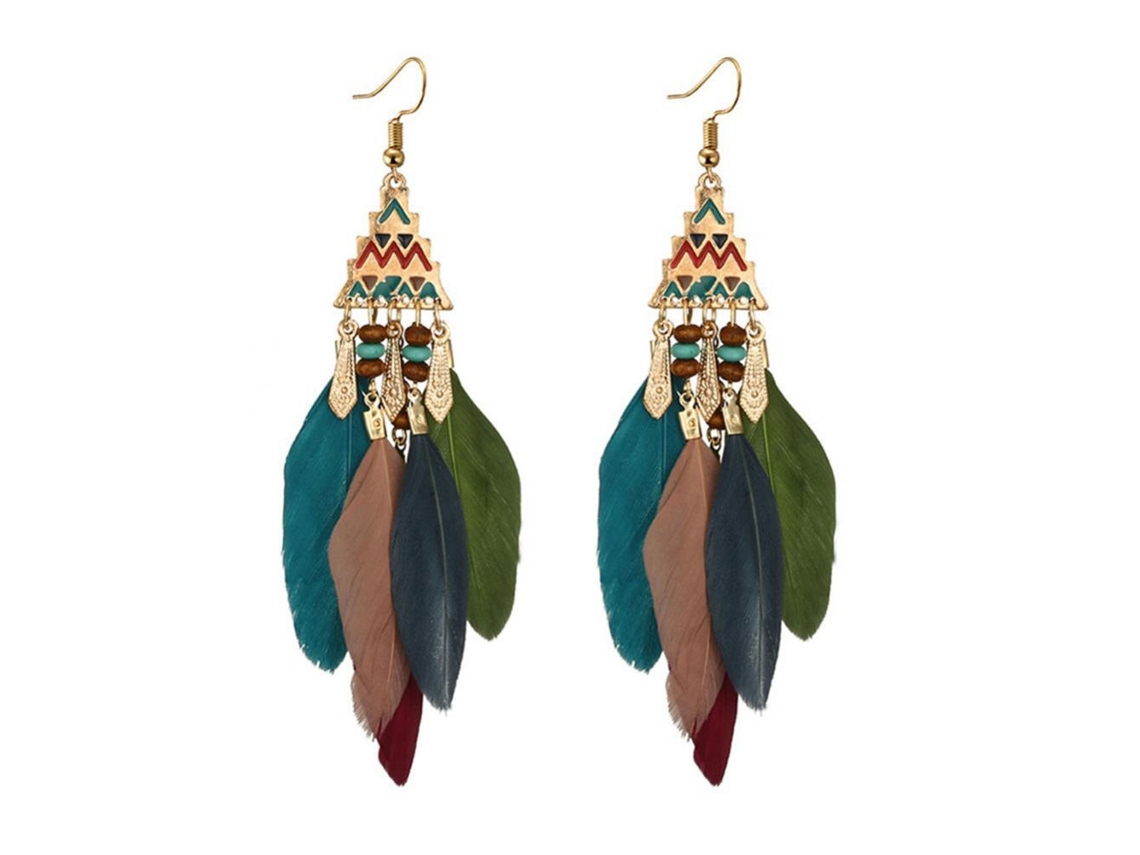 Brincos Longos De Penas Moda Bohemian Acessório Colorido