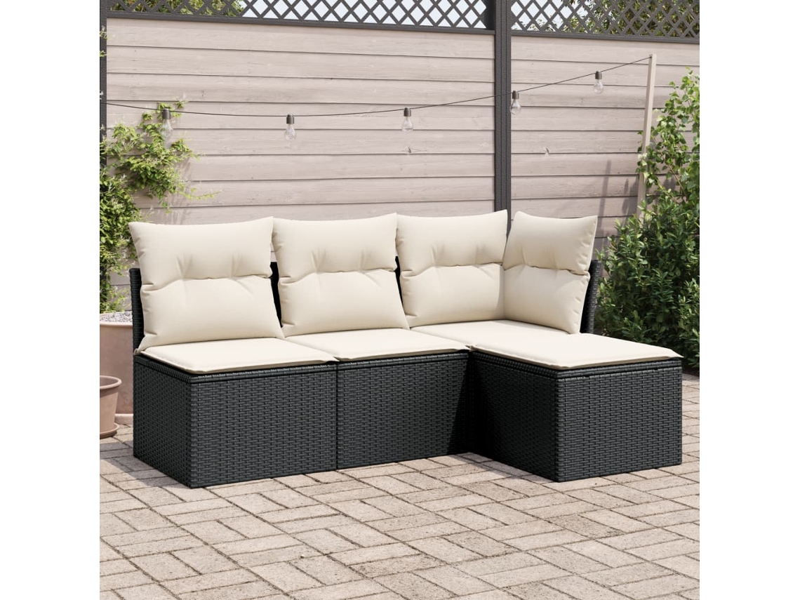 Conjunto de sofá de jardim de 4 peças com almofadas Vime Pe preto Lovely Home