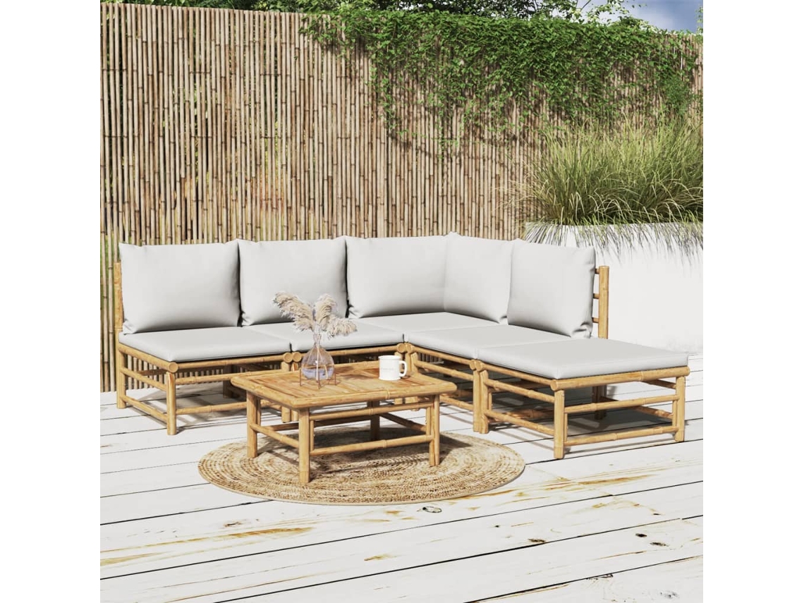 6 Pcs Conj. Lounge De Jardim Bambu C/ Almofadas Cinza Claro Dkd Home Decor