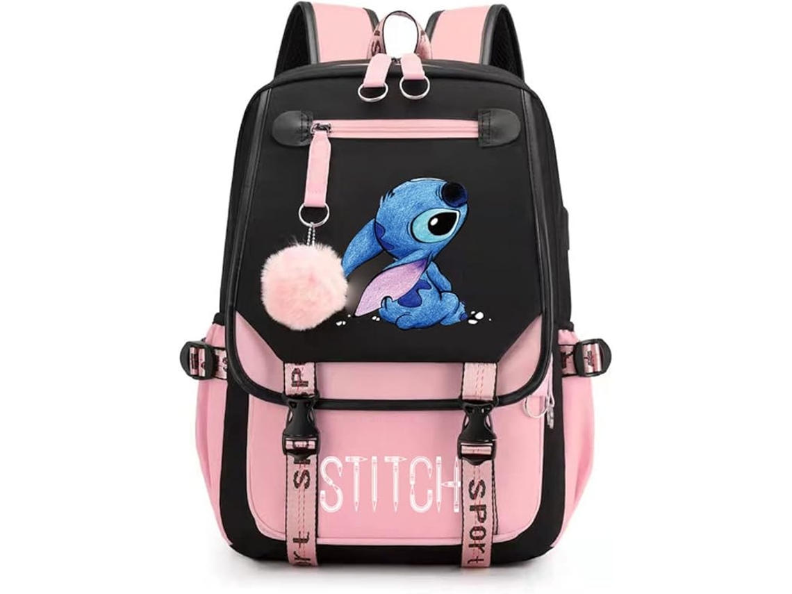 Mochila Escolar Feminina, Grande Capacidade, Stitch, Rosa Casual, Multicolorida Aquaforge