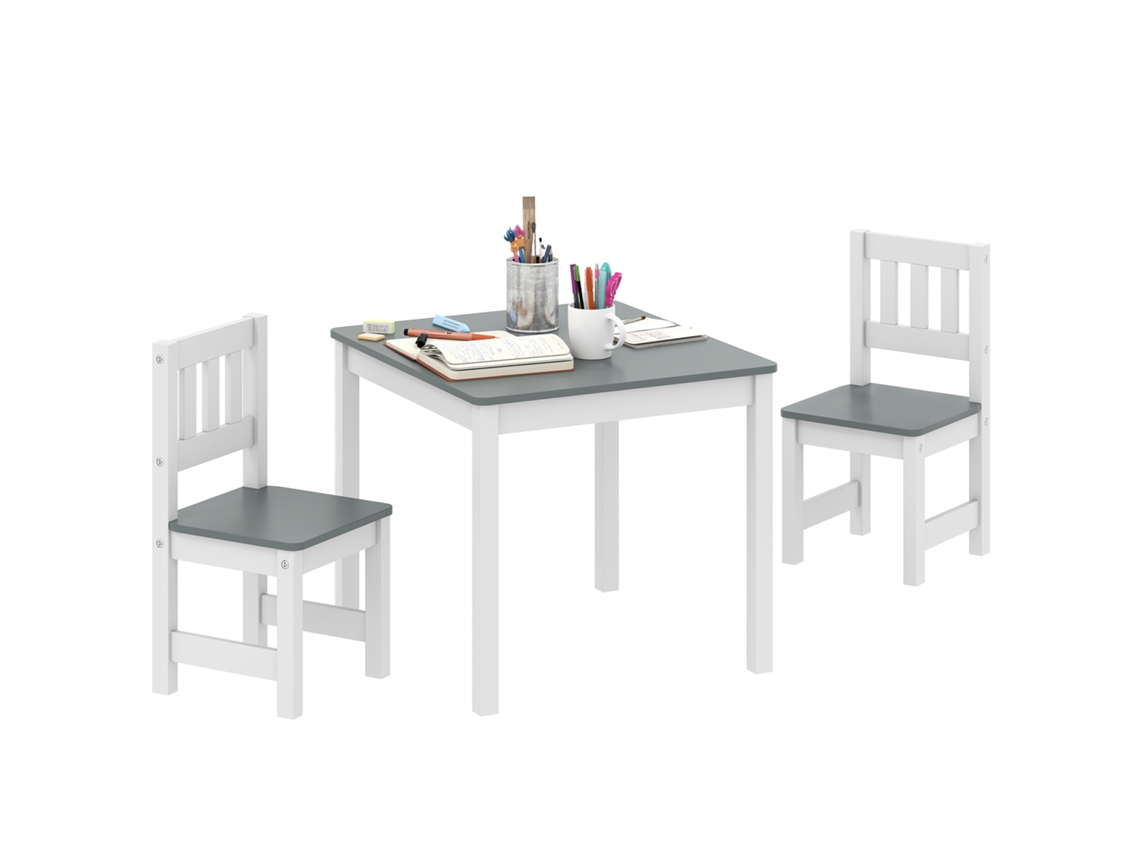 Conjunto de Mesa e Cadeiras de Madeira com 3 Peças para Crianças de 3 a 8 Anos, Cinza e Branco, com Bordas Arredondadas. CHEZMOI