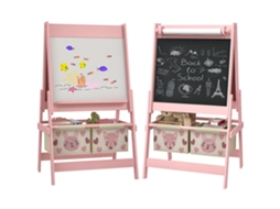 Cavalete para crianças 3 em 1 com rolo de papel quadro e 2 cestas de armazenamento 54x46,5x93 cm rosa