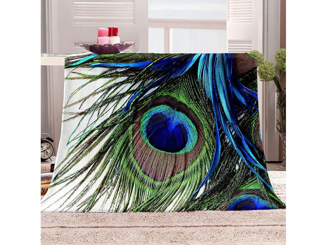 Manta com Estampa de Penas Verdes em Microfibra 80x150cm