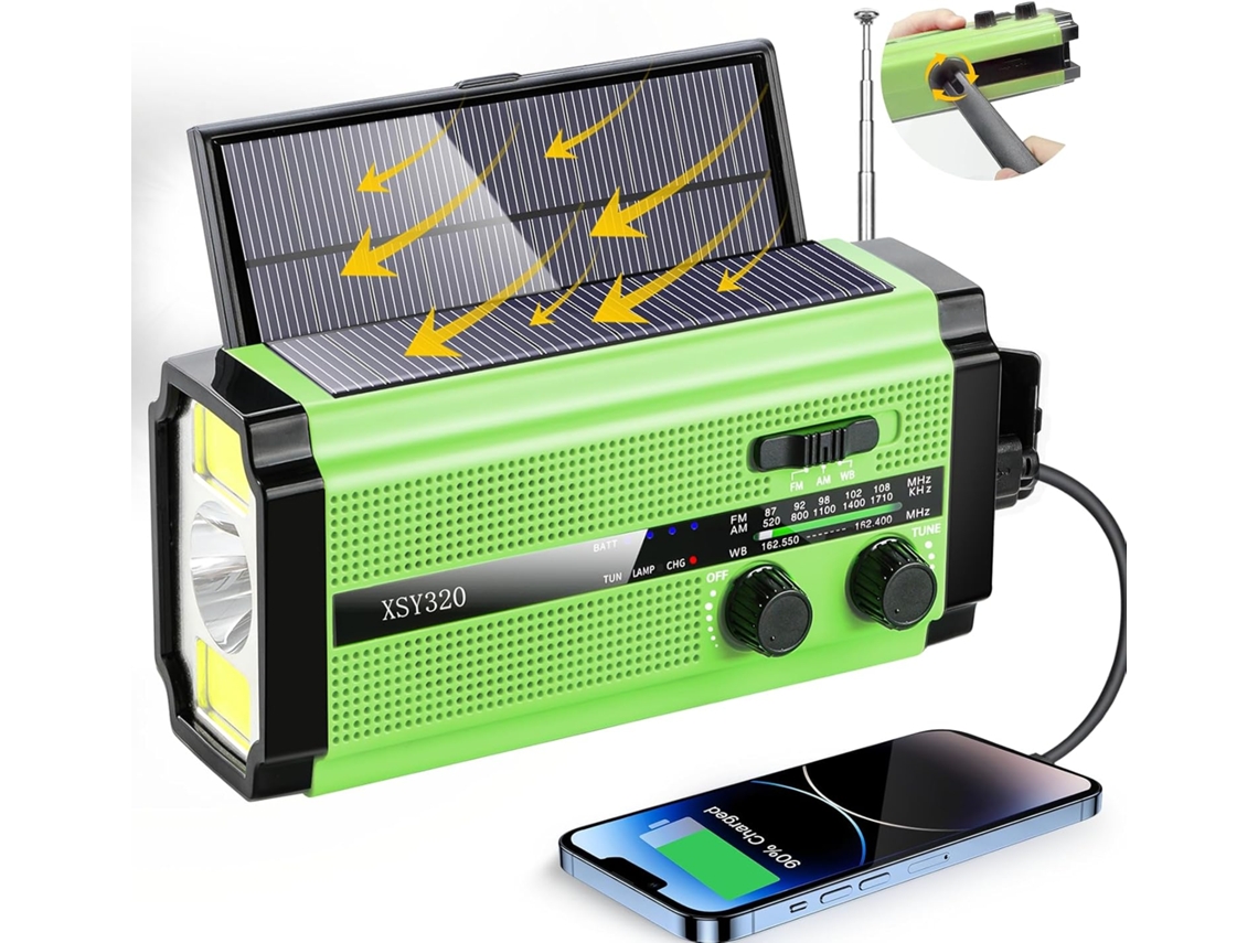 Rádio AQUAFORGE com manivela, iluminação de emergência autogerada, preta