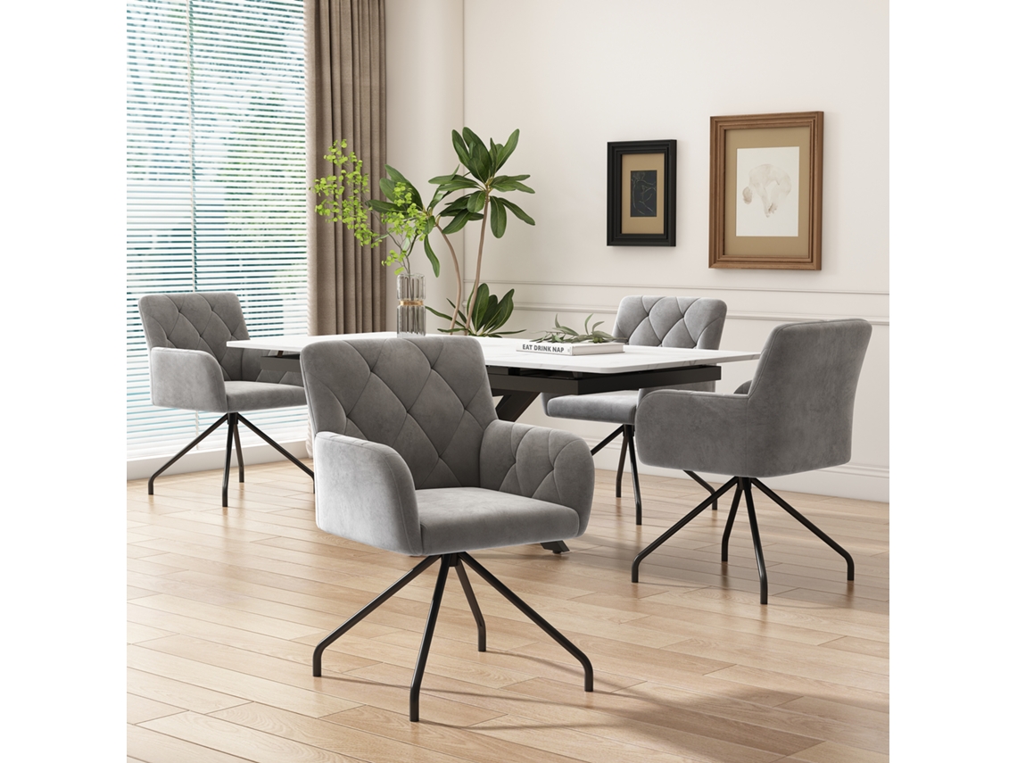 Conjunto 4 Cadeiras Veludo Cinza Rattan Pés Metal
