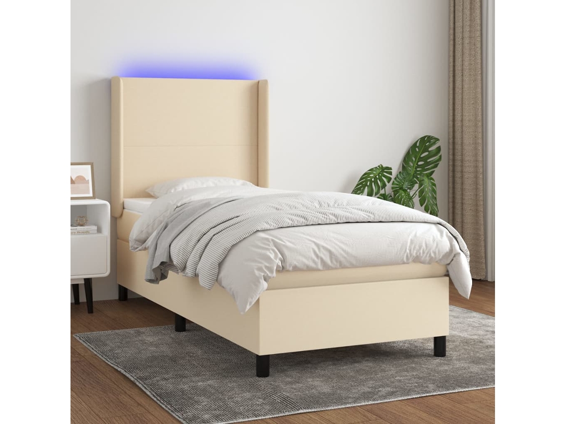 Cama Box Spring C/ Colchão E Led 80x200 Cm Tecido Cor Creme